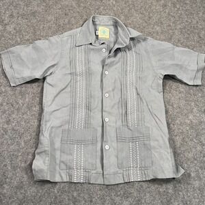 Dos Carolinas Boys Gray Guayabera Embroidered Linen Button Shirt‎ Youth Size 10
